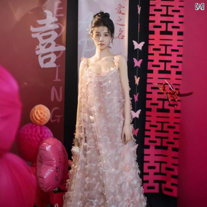 レディース 結婚式ドレス モダン中華 ピンク ストラップ チュールスカート シンプル ナチュラル フェミニン イブニングガウン ブライド パーティー用 軽やか レース 装飾|みやショップ店