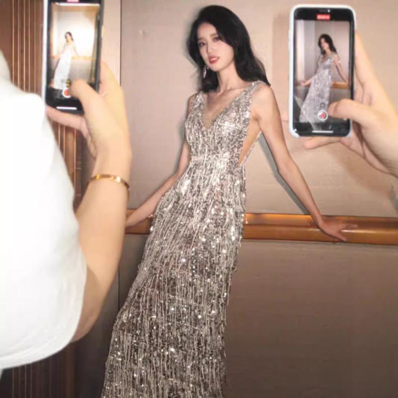 イブニングドレス 女性用 パーティー スパンコール フリンジ フレンチスタイル 高級感 結婚式 トーストドレス 新婦 モーニングローブ フォーマルウェア パーティー用 軽やか ｜みやショップ店
