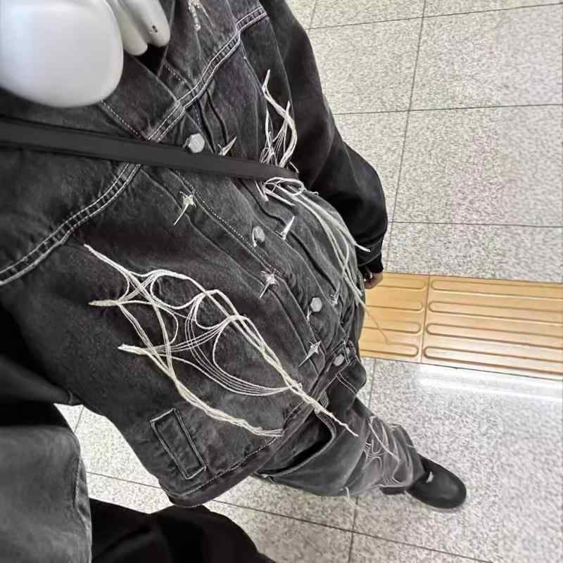 ジーンズ 上衣 メンズ レディース 短かめ 広広とした影ぼうし フリンジ ウォッシュ産業 黒いこと 春夏 心地好い 普段使い走り 軽さ 伸縮性