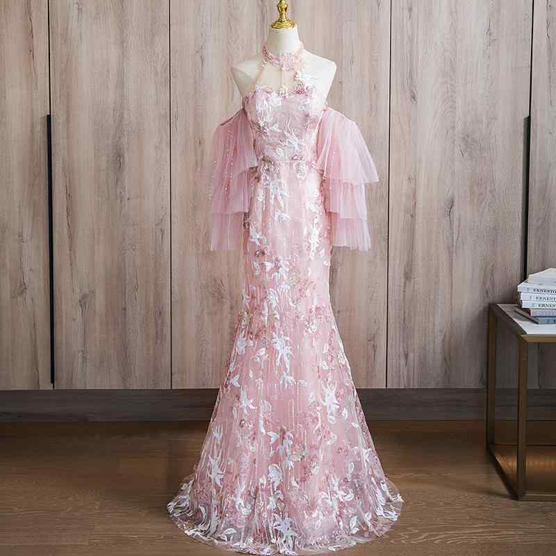 レディース 中国 ハルターネック イブニングドレス ピンク フィッシュテール ワンピース レース エレガント 婚約用 パーティー用 高級感 ユニーク フォーマル ドレス|みやショップ店