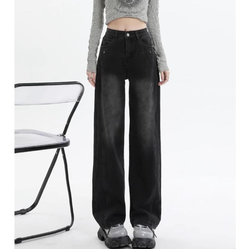 デニムパンツ レディース ジーンズ ワイドパンツ ストレートパンツ ロングパンツ ボトムス ハイウエスト ゆったり 大きいサイズ 体型カバー 着痩せ 細見え 脚長効果 切り替え 秋 秋冬 カジュアル 通勤用 普段使い 伸縮性 綿混紡 ブラック グレー 高|みやショップ店