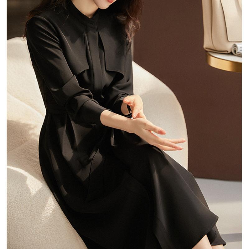 ワンピース レディース 春夏 長袖 ひざ丈 シャツワンピース ドレス きれいめ 上品 ヘプバーン クラシック 切り替え スタイルアップ Aライン 襟付き ボタン留め 体型カバー 大きいサイズ ゆったり 細見え 二の腕カバー 着痩せ オフィス 通勤用 デ|みやショップ店
