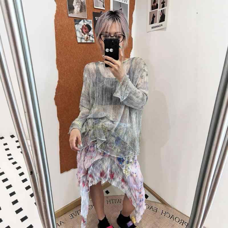 トップス レディース ブラウス チュニック シアーシャツ 長袖 接触冷感 薄手 重ね着 切り替え 網目 ネット素材 ゆったり 体型カバー 二の腕カバー 着痩せ 細見え プラスサイズ 大きいサイズ インナー 透け感 紫外線対策 日焼け防止 UVケア 軽い ｜みやショップ店