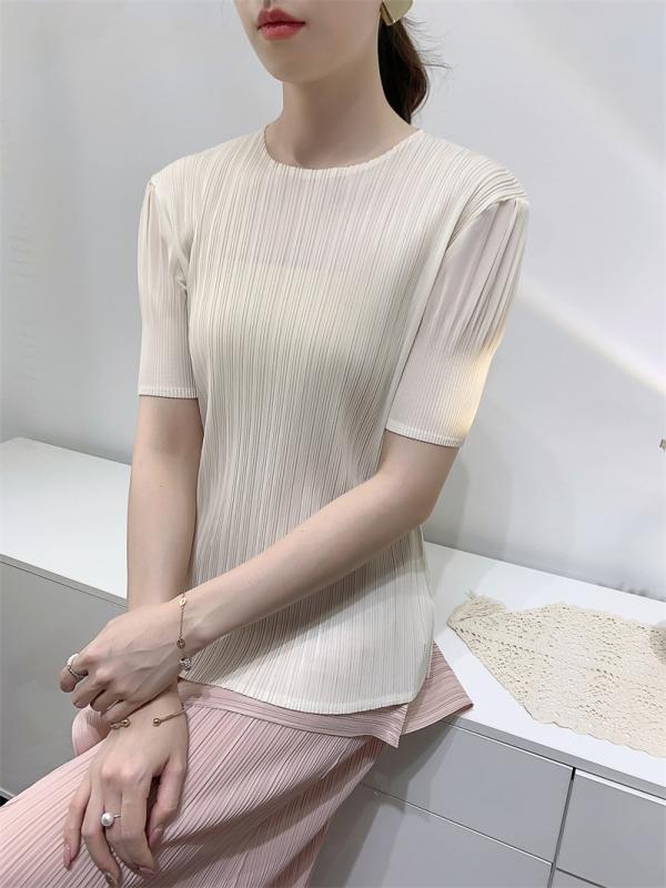 Tシャツ レディース 半袖 トップス ラウンドネック プリーツ加工 ブラウス カットソー 伸縮性 快適 カジュアル スリム 体型カバー 着痩せ 細見え ゆったり 大きいサイズ 無地 柔らかい 再生繊維 シンプル デザイン 普段着 アウトドア デイリー使い｜みやショップ店