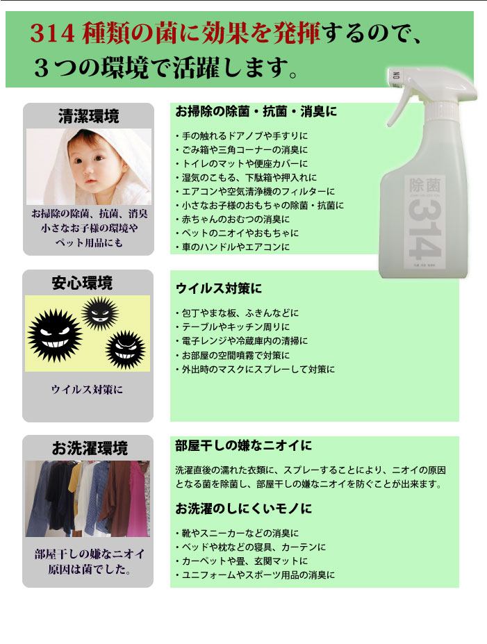 楽天市場 高濃度2 000ppm 除菌314 350ml ウイルス対策に 314種類の菌やウイルスを除菌する 除菌 抗菌 消臭 無香料 Phmb配合 肌荒れしない除菌スプレー 10p03dec16 宮崎産直 楽天市場店
