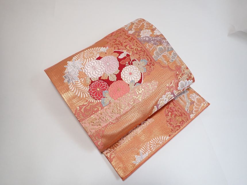 正絹袋帯／オレンジ地に金糸／牡丹や梅、菊等の花刺繍【和服的腰帯】【質屋出店】｜みよし質屋