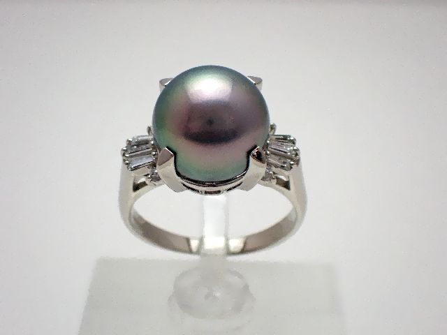 【新品仕上げ済】Pt900　ブラックパールリング／プラチナ／ブラックパール直径約 11.65mm／ダイヤモンド0.24ct／15号／8.8g 【質屋出店】【送料無料】【中古】