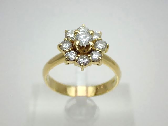 【新品仕上げ済】K18　ダイヤモンドリング／イエローゴールド／お花モチーフ／ダイヤモンド1.02ct／#15／4.8g／鑑別書 【質屋出店】【送料無料】【中古】