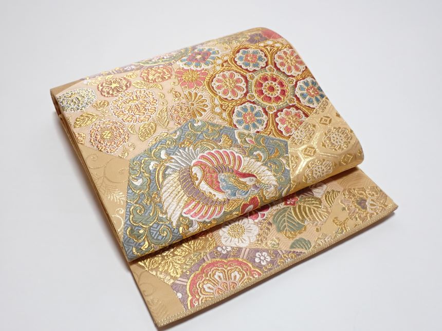 正絹袋帯／金地に鳳凰、桐／とみや織物 【OBI】【和服的腰帯】【質屋出店】