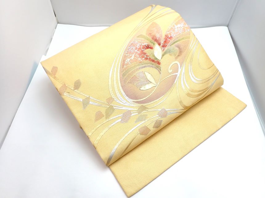 正絹名古屋帯 /山吹色地に流水、花/名古屋仕立て【質屋出店】【送料無料】|みよし質屋