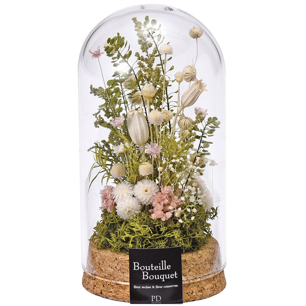 コルクガラスドーム 小花 アレンジM ホワイト ドライフラワー 仏花 造花 模造品 仏壇用の仏花 造花 お供え用花【20260417】