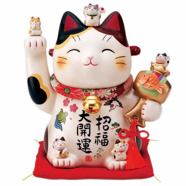 彩絵招福大開運招き猫 ちりめん頸飾り付 ７．５号  御医者さん窯 7454  【20260607】