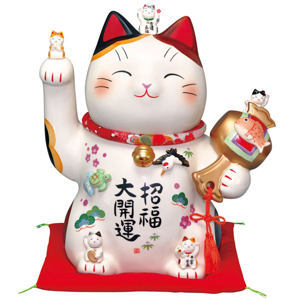 彩絵招福大開運招き猫 ちりめん首輪付 １１．５号 貯金箱 薬師窯 7501 【20260408】