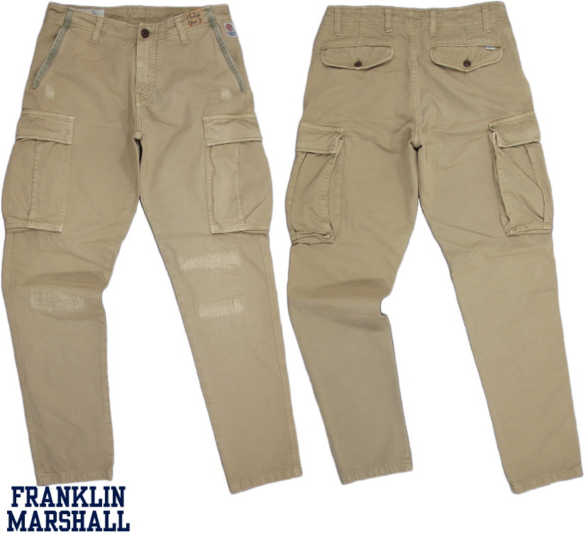 FRANKLIN＆MARSHALL/フランクリンアンドマーシャル HARTMAN クラッシュ＆リペア加工入り、カーゴパンツ KHAKI(カーキ)/PAMVA388W14｜ストリートファッションMIYOSHIYA