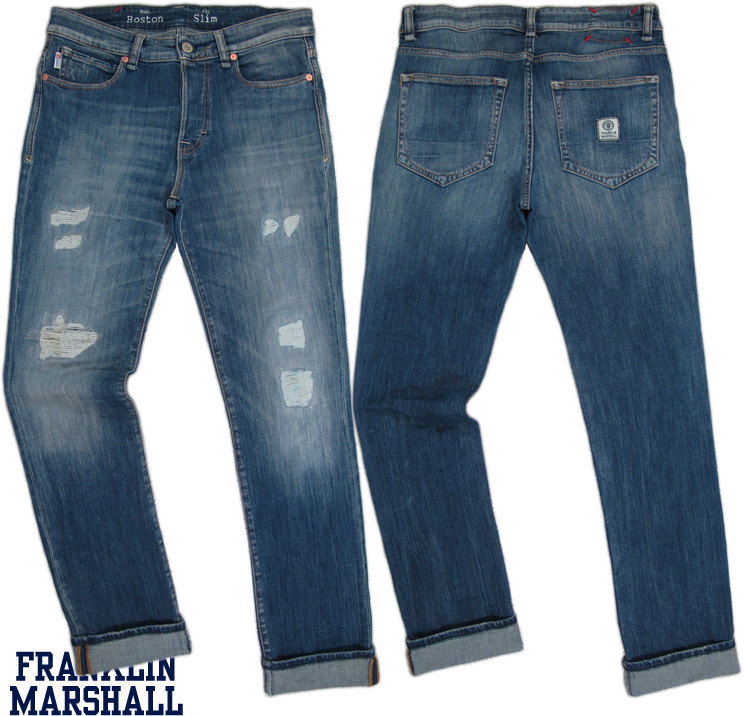 FRANKLIN＆MARSHALL/フランクリンアンドマーシャル BOSTON Pantaloni uomo slim fit in denim スリムフィット、クラッシュ＆リペアストレッチジーンズMID BLUE REPAIRED(ミッドブルーリペアド)/SKU# PTMVA381ANW16｜ストリートファッションMIYOSHIYA
