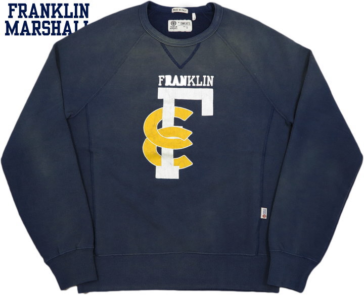 FRANKLIN＆MARSHALL/フランクリンアンドマーシャル ROUND NECK RAGLAN SWEATSHIRT ラグランスウェットシャツ/ひび割れプリント入りトレーナー NAVY(ネイビー)/SKU #FLMF153AMW19