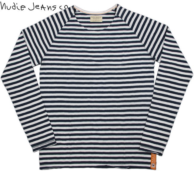 Nudie Jeans co/ヌーディージーンズOTTO RAGLAN SLEEVEORG. SOLID STRIPE長袖、ラグランボーダーカットソーWHITE&times;NAVY(ホワイト&times;ネイビー)｜ストリートファッションMIYOSHIYA