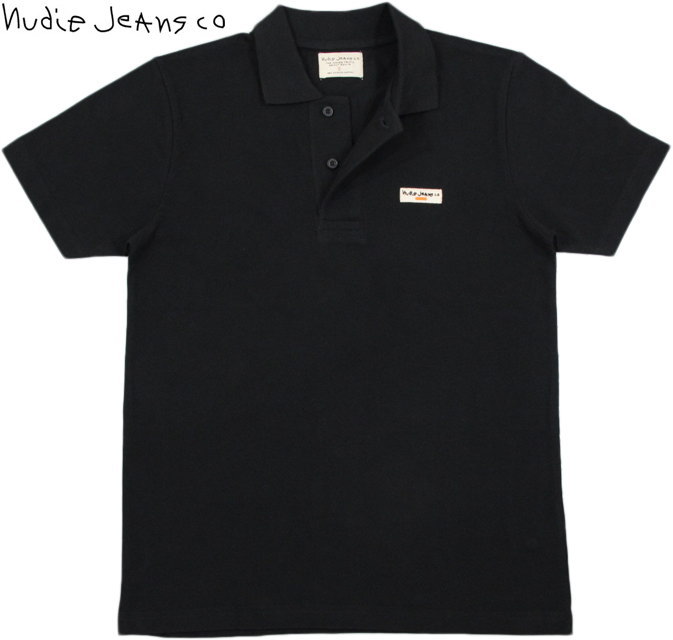 Nudie Jeans co/ヌーディージーンズ MIKAEL LOGO POLO SHIRT ワンポイントロゴ刺繍入り、半袖ポロシャツ BLACK(ブラック)