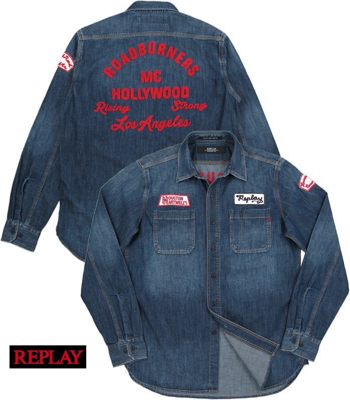 REPLAY/リプレイ M4975E BLUE DENIM SHIRT ワッペンロゴ&刺繍入り、デニムシャツ BLUE DENIM(ブルーデニム)|ストリートファッションMIYOSHIYA