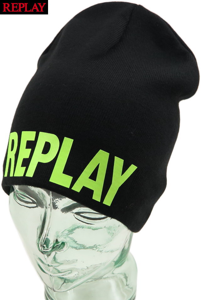 REPLAY/リプレイ AM4176 BEANIE アクリルビーニー/ニットキャップ BLACK(ブラック×ネオンイエローロゴ)