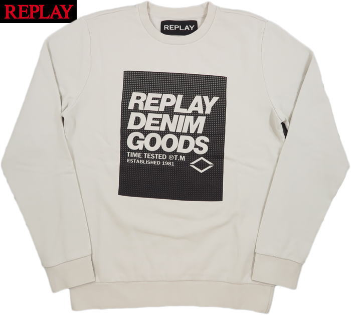 REPLAY/リプレイ M3218 REPLAY DENIM GOODS CREWNECK SWEATSHIRT スウェットシャツ/プリントトレーナー IVORY(アイボリーホワイト)｜ストリートファッションMIYOSHIYA
