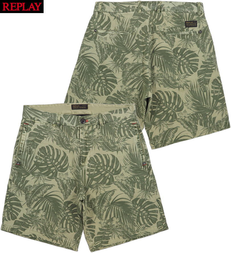 REPLAY/リプレイ M9755 COTTON BERMUDA SHORTS WITH FOLIAGE PRINT フォリエイジプリントショーツ/ショートパンツ MILITARY/BLACK(ミリタリー×ブラック)