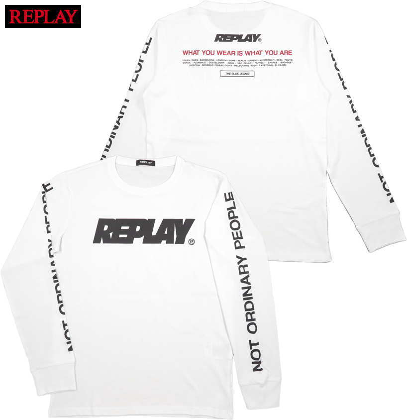 REPLAY/リプレイ M6310 LONG-SLEEVED T-SHIRT WITH PRINT 長袖プリントTシャツ/REPLAYロゴ入り長袖カットソー WHITE(ホワイト)|ストリートファッションMIYOSHIYA