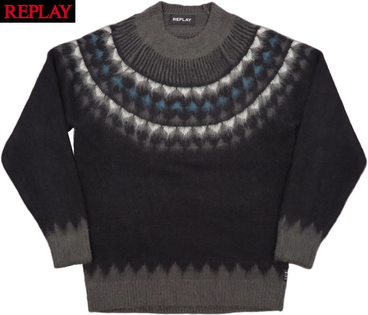 REPLAY/リプレイ UK8515 WOOL SWEATER WITH NORWEGIAN PATTERN ノルディックセーター/ウール混アクリルニット BLACK/NATURAL/TOURQUOISE/GREY(ブラック)