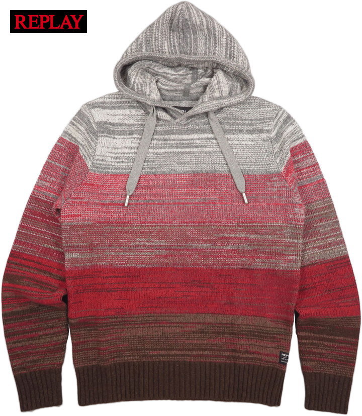 REPLAY/リプレイ<br>UK2503<br>SHADED-OFF SWEATER WITH HOOD<br>フード付きシェーディングオフセーター/ニットフーディー<br>STRIPED MULTICOLOURS(レッド系)