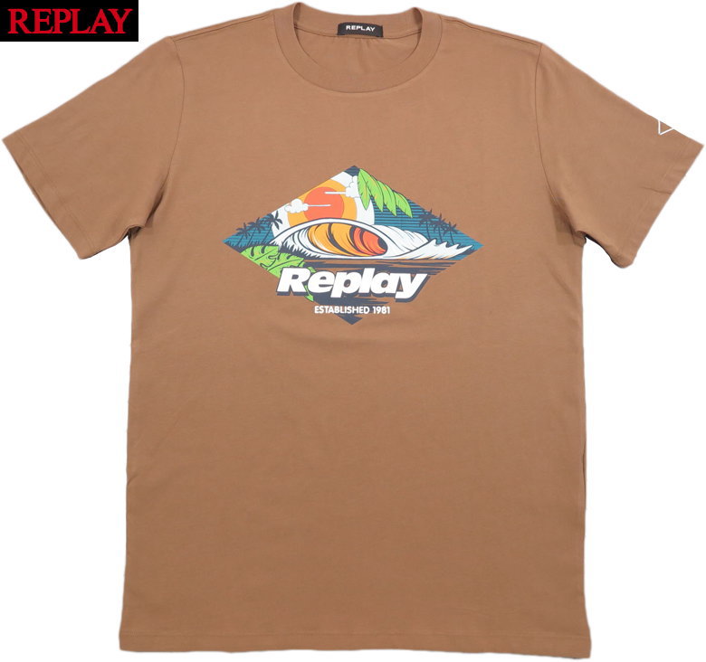 REPLAY/リプレイ M6496 CREWNECK T-SHIRT WITH PRINT 半袖プリントTシャツ/カットソー TOBACCO(タバコ)