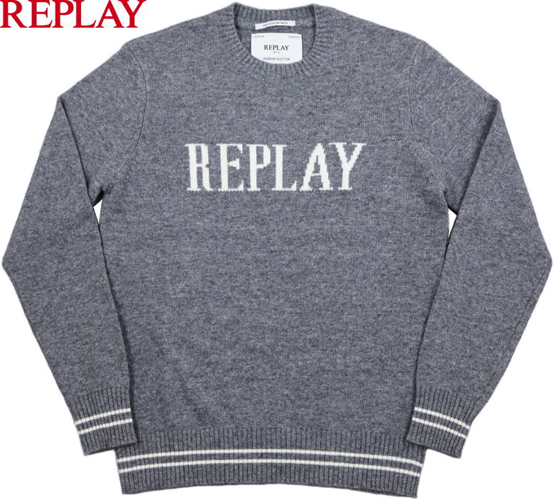 REPLAY/リプレー\u003cBR\u003e UK4475\u003cBR\u003e JACQUARD LOGO SWEATER\u003cBR\u003e ジャガードロゴセーター/クルーネックニット\u003cBR\u003e IRON MELANGE(薄墨色) ニット・セーター-トップス-メンズファッション