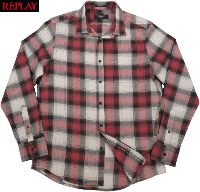 REPLAY/リプレイ M4106 CHEQUERED FLANNEL SHIRT チェックフランネルシャツ/ネルシャツ/チェックシャツ NATURAL WHITE/RED/BLACK(ホワイト&times;レッド&times;ブラック)｜ストリートファッションMIYOSHIYA