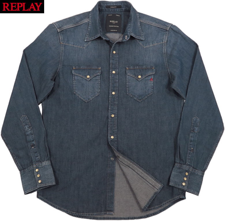 REPLAY/リプレイ M4981 REGULAR FIT BLUE DENIM WESTERN SHIRT デニムウェスタンシャツ MEDIUM BLUE(ミディアムブルー)|ストリートファッションMIYOSHIYA