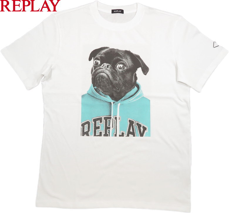 REPLAY/リプレイ M6808 T-SHIRT WITH PUG PRINT 半袖プリントＴシャツ/カットソー WHITE(ホワイト)｜ストリートファッションMIYOSHIYA