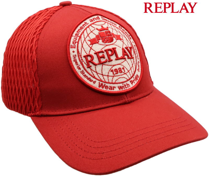 REPLAY/リプレイ AX4337 CAP WITH MAXI-PATCH アーカイブロゴ刺・墸ワッペン付き、メッシュキャップ SCARLET SAGE(スカーレットセージ)