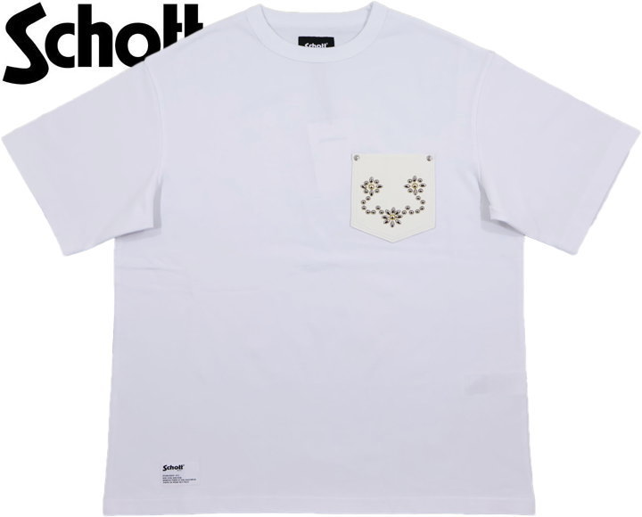 Schott/ショット DEER STUDS T-SHIRT FLOWER スタッズ入りディアースキンポケット、半袖カットソー WHITE(ホワイト)｜ストリートファッションMIYOSHIYA