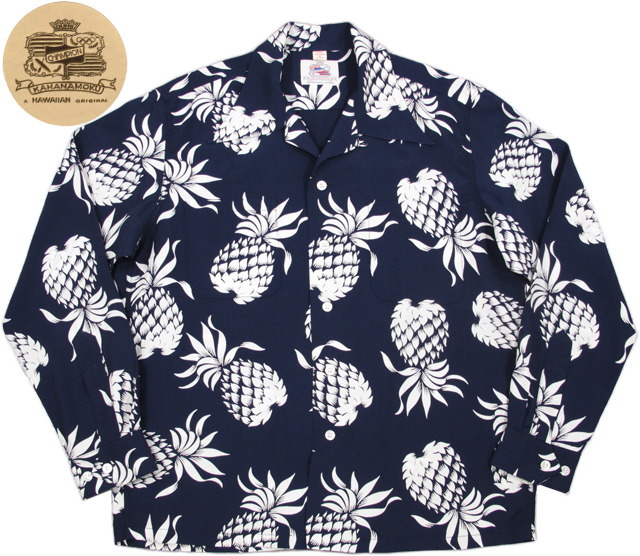 DUKE KAHANAMOKU SPECIAL EDITION/デューク・カハナモク スペシャルエディション L/S RAYON HAWAIIAN SHIRT&ldquo;DUKE'S PINEAPPLES&rdquo; デュークス・パイナップル柄、長袖レーヨンアロハシャツ/ハワイアンシャツ NAVY(ネイビー)/Lot No. DK26793｜ストリートファッションMIYOSHIYA