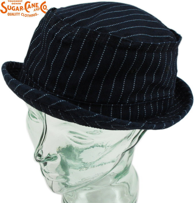 SUGAR CANE/シュガーケーン\u003cBR\u003e WABASH STRIPE PORKPIE HAT\u003cBR\u003e ウォバッシュストライプ・ポークパイハット\u003cBR\u003e NAVY(米国海軍)/Lot No. SC02467