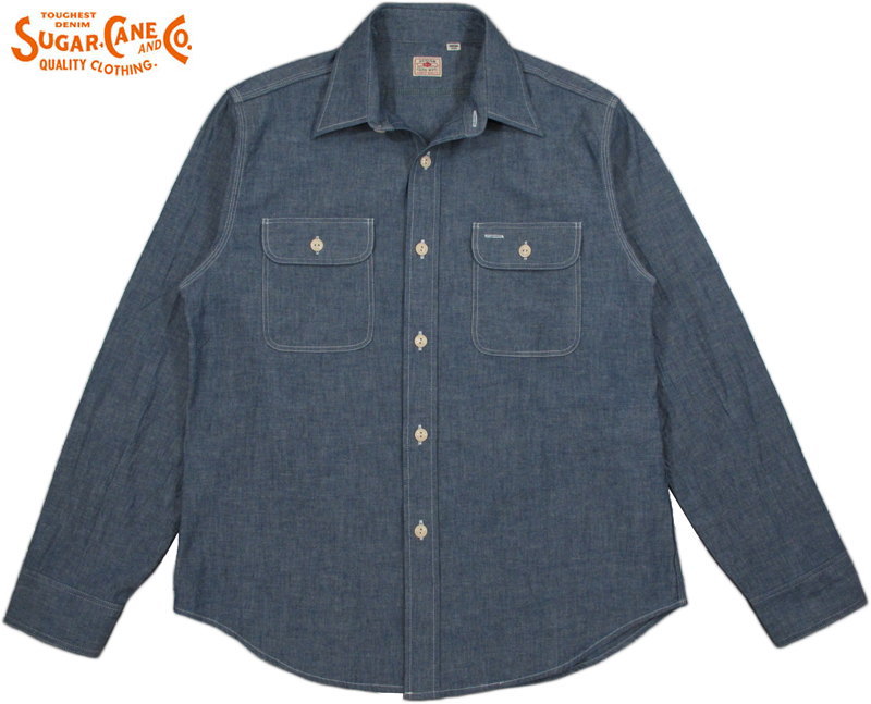 SUGAR CANE/シュガーケーン\u003cBR\u003e BLUE CHAMBRAY L/S WORK SHIRT\u003cBR\u003e ブルーシャンブレー長袖細工物プルオーバー/シャンブレーシャツ\u003cBR\u003e 421A) ONE WASH(ワンウォッシュ)/Lot No. SC27850
