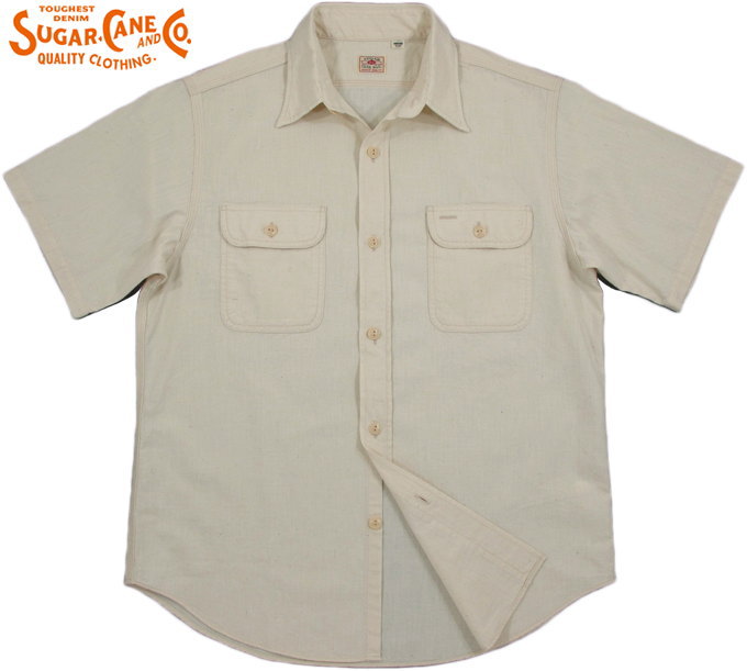 SUGAR CANE/シュガーケーン\u003cBR\u003e WHITE CHAMBRAY WORK SHIRT (SHORT SLEEVE)\u003cBR\u003e 半袖シャンブレー 細工物プルオーバー/ホワイトシャンブレーシャツ/白無地プルオーバー\u003cBR\u003e A.WHITE(ワンウォッシュホワイト)/Lot No. SC37942