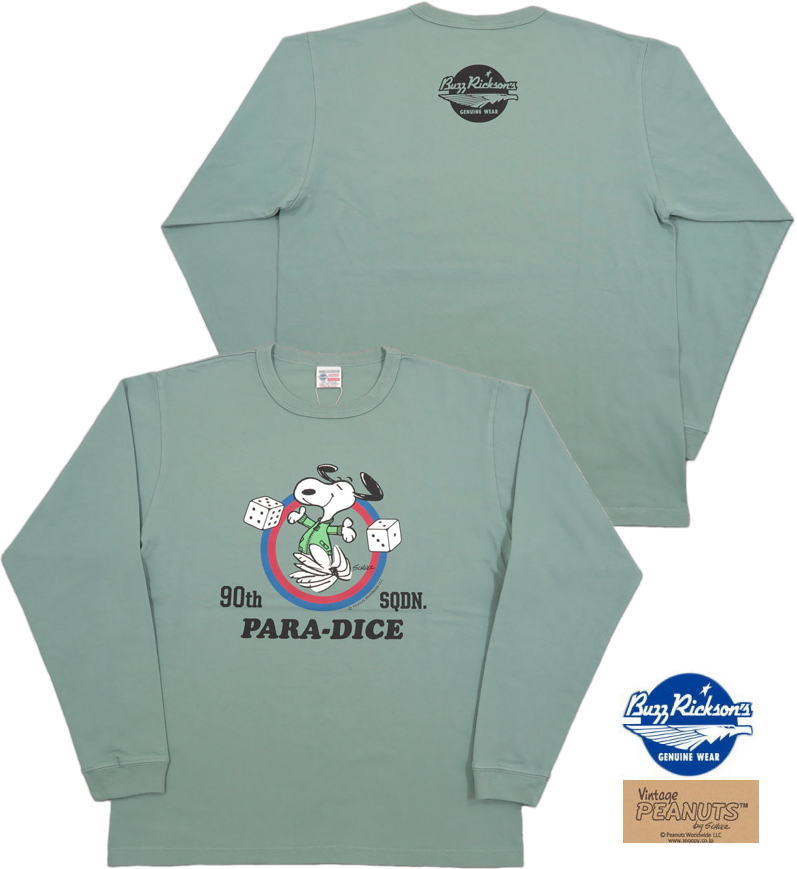 BUZZ RICKSON'S×PEANUTS/バズリクソンズ×ピーナッツ L/S T-SHIRT “PARA-DICE” 長袖スヌーピープリントＴシャツ SAGE(セージグリーン)/BR68838