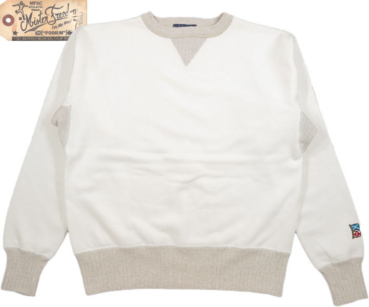 MFSC “PODIUM”/ミスターフリーダム×シュガーケーン\u003cBR\u003e 11.5薬局衡オンス. CREW SWEATSHIRT\u003cBR\u003e The MEDALIST\u003cBR\u003e 労働者の一団のど首 トレイナー\u003cBR\u003e WHITE(白いこと)/Lot No. SC68809 スウェット・トレーナー-トップス