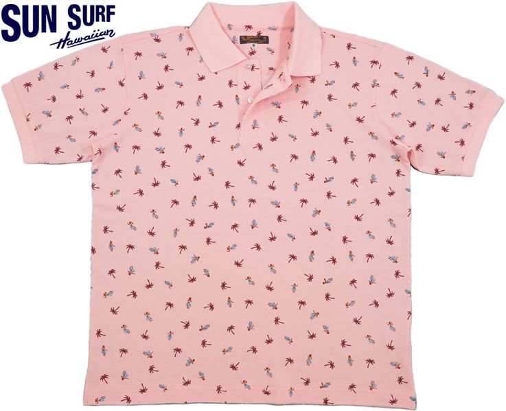 SUN SURF/サンサーフ COOLMAX S/S POLO SHIRT “HULA＆PALMTREE” クールマックスポロシャツ/鹿の子ポロシャツ/ハワイアンポロシャツ/ポロアロハ 162)PINK(ピンク)/SS78727