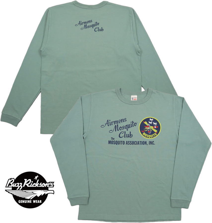 BUZZ RICKSON'S/バズリクソンズ L/S T-SHIRT AIRMENS MOSQUITO CLUB モスキートクラブ・長袖プリントＴシャツ SAGE(セージグリーン)/Lot No.BR69060