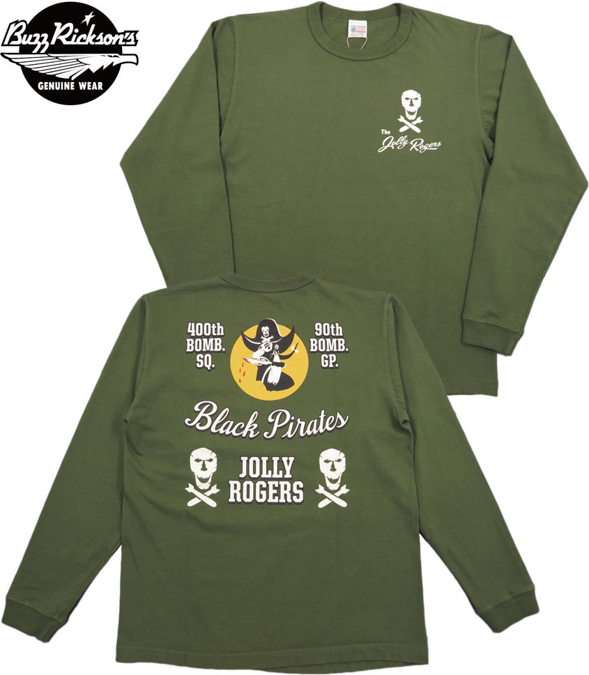 BUZZ RICKSON'S/バズリクソンズ L/S T-SHIRT 400th BOMB. SQ.“BLACK PIRATES” ブラック パイレーツ長袖プリントＴシャツ OLIVE(オリーブ)/Lot No.BR69284