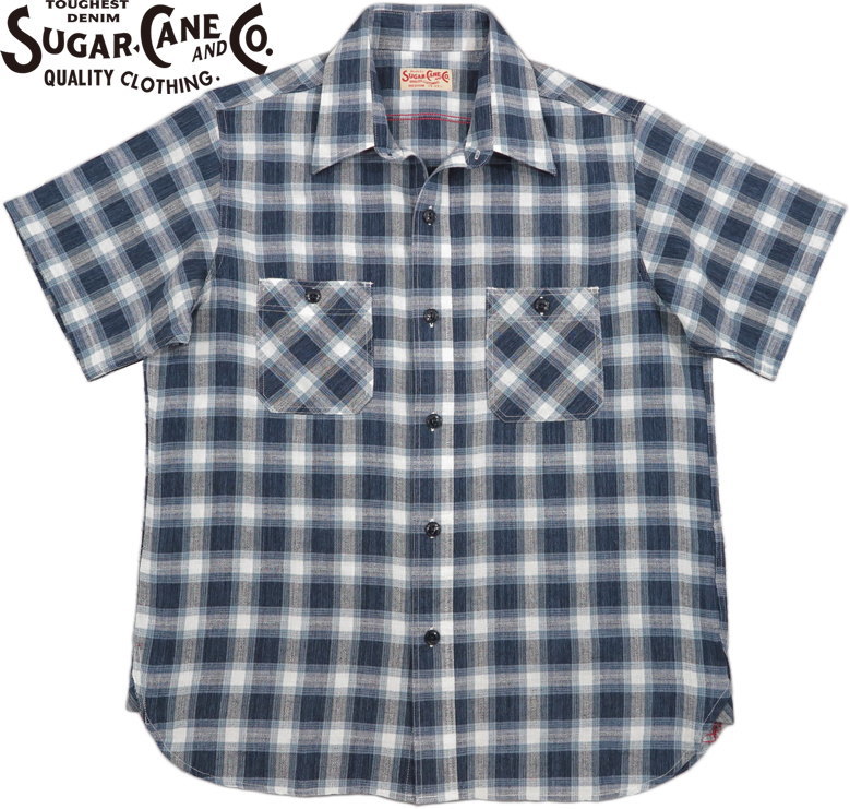 SUGAR CANE/シュガーケーン C/L 85%/15% SPEC DOBBY CHECK S/S WORK SHIRT コットン85%×麻15%混、スペックドビーチェック 半袖ワークシャツ/コットンリネン半袖チェックシャツ 125) BLUE(ブルー)/Lot No. SC39114
