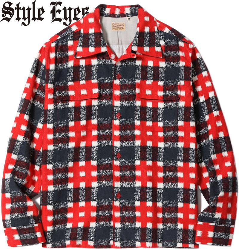 STYLE EYES/スタイルアイズ Mid 1950s Style Flannel Sports Shirt “PLAID” コットンネル、プリントチェック スポーツシャツ/コットン フランネル オープンシャツ 165) RED(レッド)/Lot No. SE29573