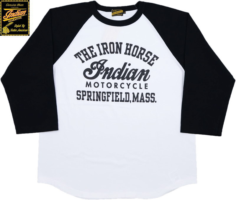 INDIAN MOTORCYCLE/インディアンモーターサイクル BASEBALL T-SHIRT “INDIAN LOGO” プリント入り、7分袖ベースボールＴシャツ/ラグランスリーブカットソー 101)WHITE(ホワイト)/Lot No. IM69552