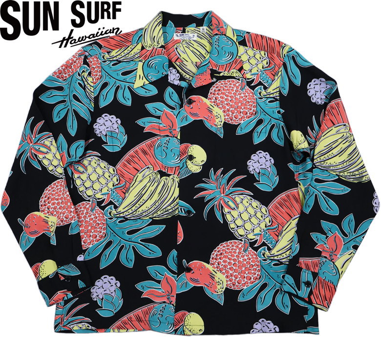 SUN SURF/サンサーフ RAYON HAWAIIAN SHIRT “TROPICAL FRUITS” ROYAL HAWAIIAN 長袖レーヨン・アロハシャツ/ハワイアンシャツ「トロピカル フルーツ」 119) BLACK(ブラック)/Lot No. SS29405
