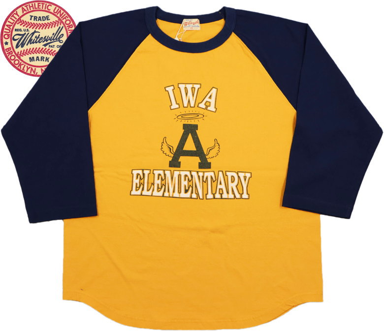 Whitesville/ホワイツビル 18/- BASEBALL T-SHIRT W/PRINT ベースボールTシャツ/7分袖ラグランベースボールTシャツ/7分袖カットソー 156) GOLD×NAVY(ゴールド×ネイビー)/Lot No. WV69527